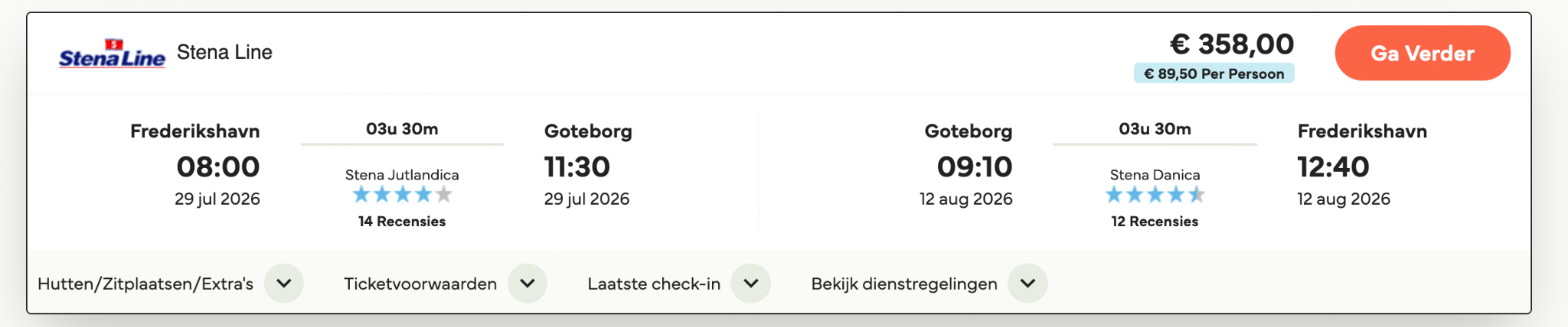Screenshot van Stena Line Frederikshavn Goteborg boeking