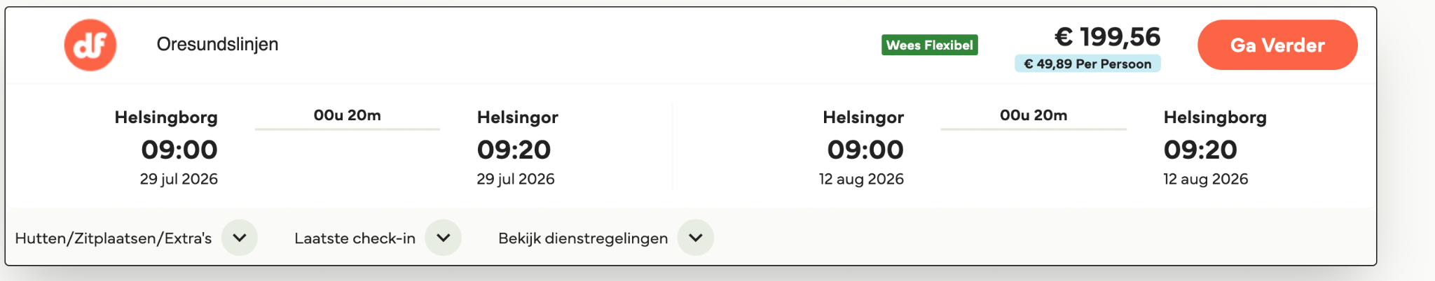 Screenshot van Oresundslinjen Helsingborg Helsingor boeking
