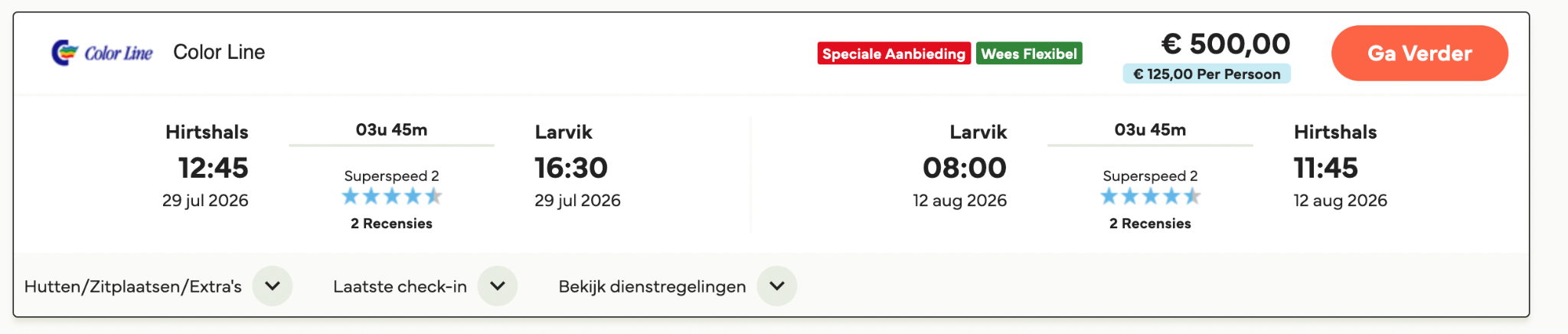 Screenshot van Color Line Hirtshals Larvik boeking