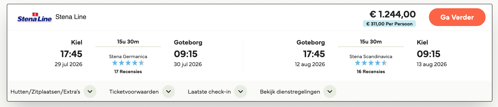 Screenshot van Stena Line Kiel Goteborg boeking