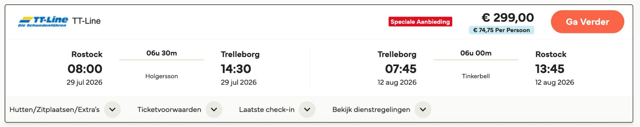 Screenshot van TT-Line Rostock Trelleborg boeking